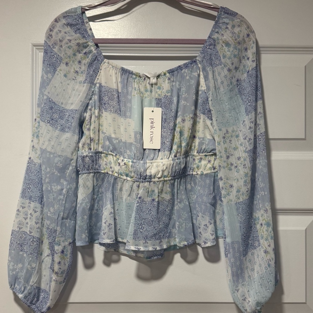 Pink Rose Blue and White Smocked Peplum Patchwork Blouse - Picture 3 of 7